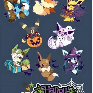 an image of halloween stickers on a blue background Eevee Evolutions Halloween Halloween Vaporeon, Eevee Pumpkin, Glaceon Halloween, dark slate gray