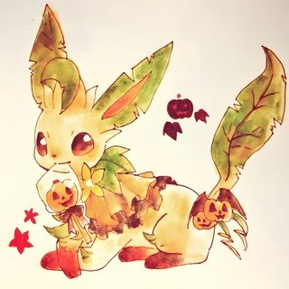 a drawing of a rabbit with leaves and pumpkins on it's back legs Leafeon Halloween Halloween Leafeon Drawing, Leafeon Halloween, Leafeon Halloween Costume, antique white