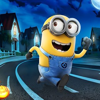 a minion running down the road with pumpkins in front of him and an evil looking Minion Halloween Desktop Halloween Minions, Halloween Minion, Minions Halloween, dark slate gray