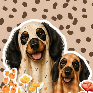 two dogs sitting next to each other with pumpkins and flowers Halloween Dog Background tan