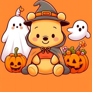 a teddy bear dressed up as a witch with ghost and pumpkins on an orange background Halloween Winnie The Pooh coral