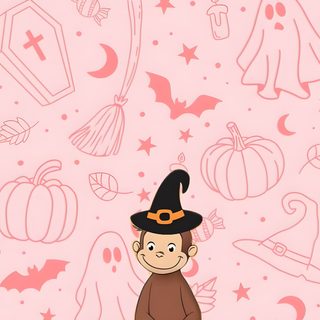 a monkey sitting on top of a pumpkin with halloween symbols in the backgroud Halloween Monkey misty rose