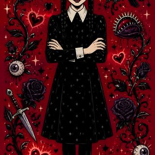 a woman standing in front of a red background with black and white artwork on it Wednesday Halloween maroon