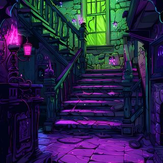 an image of a purple and green hallway with stairs leading up to the entrance door Purple And Green Halloween Spooky Art Background Ideas, Neon Dungeon, Green And Purple Halloween Aesthetic, midnight blue
