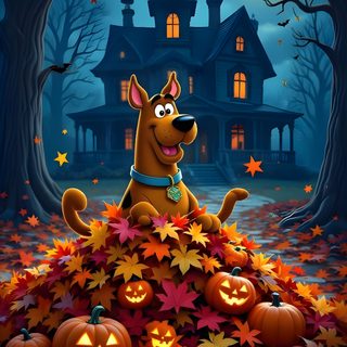 a cartoon dog sitting on top of a pile of pumpkins in front of a house Scooby Doo Halloween Iphone dark slate gray