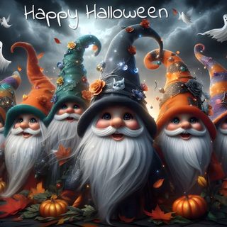 a group of gnomes standing in front of a dark sky with bats and pumpkins Halloween Gnome Desktop Mythological Creatures, Winter Solstice, Christmas Seasons, dark slate gray