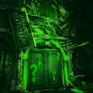 a green door in a dark room with graffiti on the walls Arkham Halloween Riddler In Arkham, Arkham Asylum Island Concept Art, Batman Arkham Asylum Concept Art, black