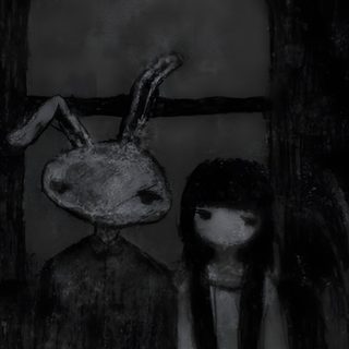 a black and white drawing of two people with rabbits on their heads sitting in front of a mirror Halloween Not Blurry Morute Iphone, Cool Scary, Scary Aestetich, Scary, Alt Phone, Cute And Scary, black