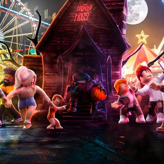 cartoon characters standing in front of an amusement park at night Halloween Roblox Fall Gfx, Halloween Roblox, Roblox Ent Gfx, Roblox Halloween Background, dark slate gray