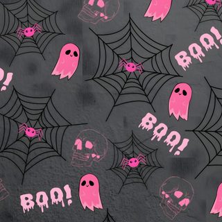 the fabric is decorated with pink and black ghost faces, bats, and webs Halloween Ghosts And Webs On Pink Best Friend Goals, Girly Halloween Backgrounds, Pink And Black Halloween, dark slate gray