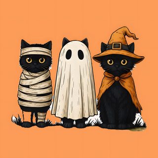three cats dressed up as witches and ghost on an orange background with text that reads, halloween Halloween Animal sandy brown