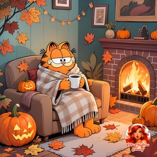 a cartoon cat sitting in a chair with a cup of coffee and pumpkins around him Halloween Garfield Autumn Garfield, Fall Cartoon Characters, Garfield Thanksgiving Pictures, sienna