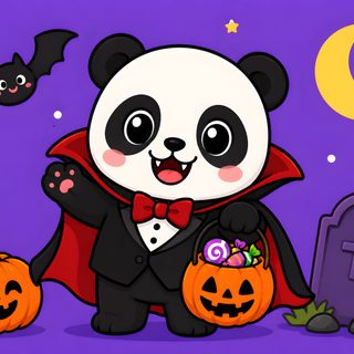 a panda bear dressed up as a vampire and holding a pumpkin in front of a grave Cute Halloween Panda blue violet