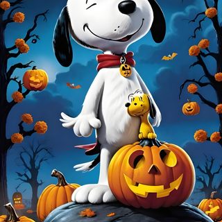 a cartoon dog is sitting on top of a pumpkin with jack - o'- lanterns Peanuts Halloween With Pumpkins Snoopy Charlie, Halloween Live, Happy Halloween Pictures, dark slate gray
