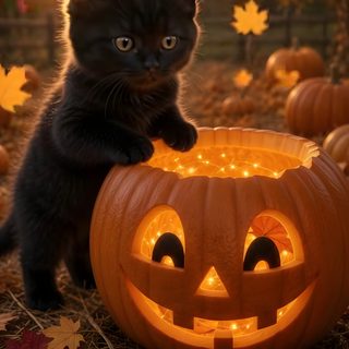 a black cat sitting on top of a pumpkin with its eyes open and glowing in the dark Halloween Kittens saddle brown