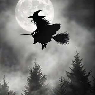 a black and white photo of a witch flying in front of the moon with her broom Witch Broomstick For Halloween Witch Riding A Broom, Broom Witch, Spooky Witch, dark slate gray