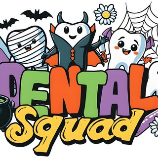 the words dental squad are surrounded by cartoon characters and halloween decorations, including bats, spider webs, flowers, and tombstones Dental Halloween Desktop peach puff