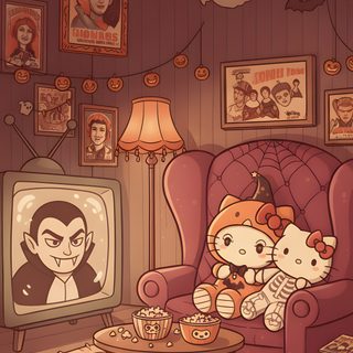 an image of a living room scene with hello kitty and cat on the couch watching tv Hello Kitty Halloween Hello Kitty Halloween, Halloween, Screen Savers, Fall Vibes, Cute, Hello Kitty, sienna