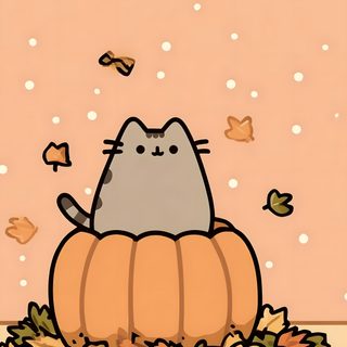 a cat sitting on top of a pumpkin in the middle of leaves and falling from it Aesthetic Halloween Pusheen Halloween Pusheen, Pusheen Cat, Pusheen, Mobile, Cute, Pumpkin Pusheen, burlywood