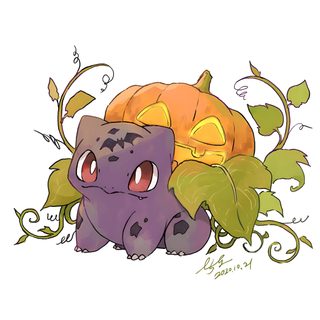 an image of a cartoon character sitting next to a pumpkin Halloween Bulbasaur Chikorita Halloween, Halloween Snorlax, Cute Fall Pokemon, white