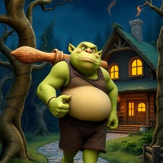 a cartoon character holding a baseball bat in front of a house Halloween Shrek dark slate gray