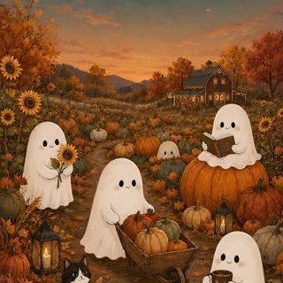 a painting of halloween pumpkins and ghost with cats Friendly Halloween Ghost With Ghost Dog, Cute Halloween Landscape, Ghost And Animal Art, dark olive green