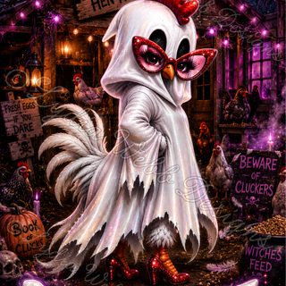 an image of a poster for a halloween party with a chicken in front of a house Halloween Chicken dark slate gray