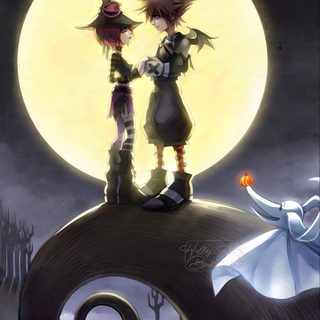two people standing on top of a hill with a full moon in the sky behind them Sora Halloween Town 4k Halloween Town Sora Kh1, Kingdom Hearts Halloween Fanart, Kingdom Hearts Halloween Town Background, dark slate gray