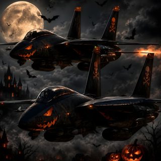 three fighter jets flying in the sky with bats and pumpkins on it's sides Halloween Zombie Gunship Halloween, black