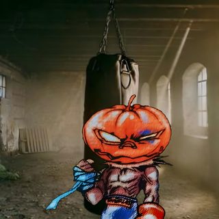 an image of a cartoon character hanging from a chain in the middle of a room Wrecking Ball Halloween Vic Rattlehead Art, Metallica Christmas, Iron Maiden Pumpkin, dark slate gray
