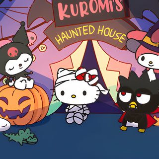 several cartoon characters standing in front of a carnival booth with pumpkins and other decorations Sanrio Halloween Gif Halloween Desktop Gif, Cute Halloween Discord Banner Gif, Sanrio Fall Laptop, dark slate blue
