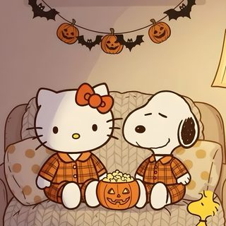 two hello kitty characters sitting on a couch with pumpkins and jack - o'- lanterns Halloween Hello Kitty Fall Snoopy And My Melody, My Melody Matching, Hello Kitty Halloween, gray