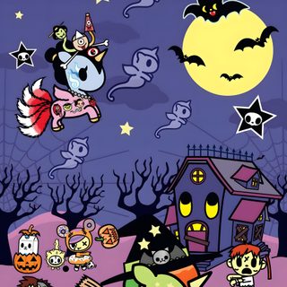 an image of cartoon characters in the night sky Tokidoki Halloween Halloween Kawaii Background, Tokidoki Hello Kitty, Tokidoki Iphone, dark slate blue