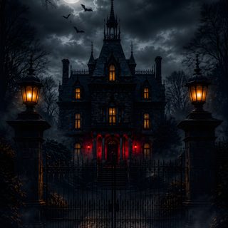 a creepy house with red lights in front of it and bats flying over the gate Halloween Haunted Hotel Horror Lovers, Haunted Mansion, Halloween Cookies, Halloween, Dark, black