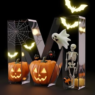 three halloween pumpkins in front of the letter m with bats and lights on them Halloween-themed Name 3d Halloween, Halloween Letter M, Halloween Themed Letter M, Neon Letter M, black