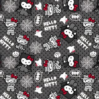 a black and white pattern with hello kitty characters on the front, red polka dots in the back Spooky Halloween Hello Kitty Spooky Halloween Hello Kitty, Iphone Cute Hello Kitty Halloween, Hello Kitty Y2k Halloween, dim gray