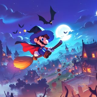 a cartoon character flying through the air with a broom in front of a city at night Nintendo Halloween Mario Party Artwork, Mario Ghost House Background, Super Mario Halloween Art, dark slate blue