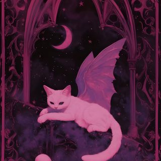 a white cat sitting on top of a table next to a skull and an angel Dark Pink Halloween Pink Spooky Aesthetic, Pastel Goth Cat Art, Faze, Vampire Cat, Pink Goth, dark slate gray