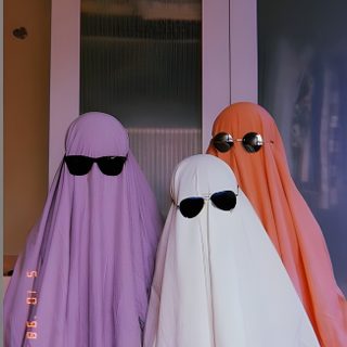 two halloween ghost costumes sitting next to each other in front of a door with sunglasses on Trio Halloween 3 Ghost Aesthetic Pfp, Trio Photo Ideas Aesthetic Cartoon, 3 Ghost Aesthetic, gray