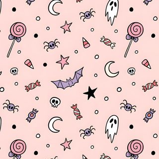a pink background with lots of different types of candy and bats on it's surface Pink Pastel Halloween Bats Halloween Backgrounds, Holiday, Repeating Pattern Design, Cute Doodles, misty rose