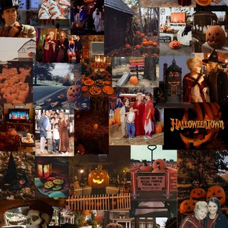 a collage of halloween pictures with pumpkins and people dressed in costumes, including witches Halloweentown Aesthetic Halloween Town 2, Halloween Town Aesthetic, Halloween Town Background, dark olive green