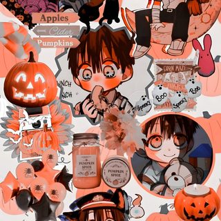 an image of halloween characters with pumpkins and cats on them, all in orange Hanako Halloween Halloween Names, I, Happy Halloween, Halloween, indian red