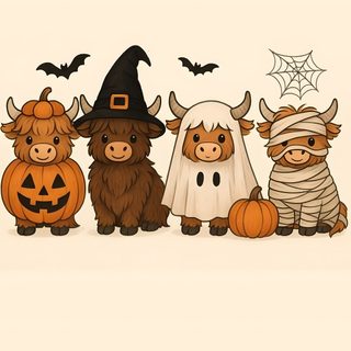 three cows dressed up as witches and one is wearing a ghost costume with two pumpkins Country Halloween Fall Cow, Cow, Halloween Iphone Backgrounds, Halloween Backgrounds, papaya whip