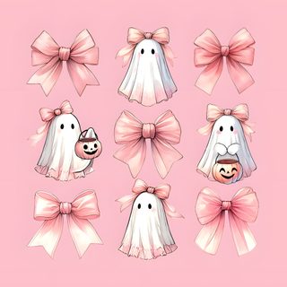 some pink bows with ghost faces on them Coquette Halloween Laptop Pink Halloween Laptop, Pink Halloween Desktop, Pink Halloween Macbook,
