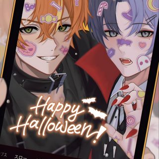 two anime characters holding up a cell phone with the text happy halloween on it's screen Pjsk Halloween Project Sekai Toya X Akito, Akitoya Official Art, Toya Aoyagi And Akito, sienna