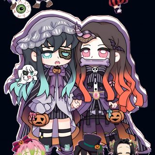 an image of some cartoon characters on a black background with pumpkins and spider web Demon Slayer Halloween dark slate gray