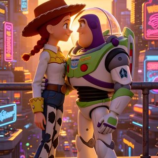 two cartoon characters standing next to each other in front of a cityscape with neon lights Toy Story Halloween Artificial Island, Buzz Lightyear, Toy Story, True Love, Mickey Mouse, dim gray