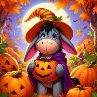 a painting of a donkey wearing a witch hat and holding a jack - o'- lantern Eeyore Halloween Eeyore Thanksgiving, Eeyore Pumpkin, Eeyore Halloween, sienna