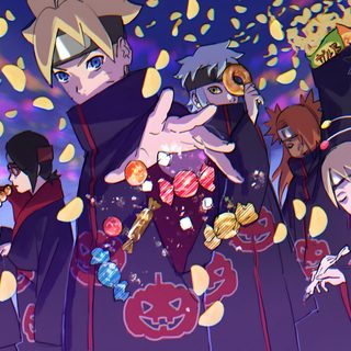 anime characters standing in front of a purple background with confetti falling from the sky Naruto Halloween Boruto Akatsuki, Naruto Halloween Official Art, Naruto Halloween, dark slate blue