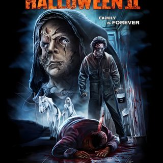 a movie poster for halloween ii starring two zombies and a man with blood on his face Halloween Ii Halloween 2 Rob Zombie Poster, Rob Zombie Halloween Movie, Halloween 3 Rob Zombie, black